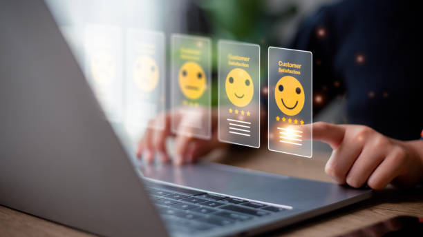 istock Users give ratings to service experience, Customer satisfaction concept. Positive emotion happy smile face five stars and crown, feedback, service, survey, standard quality. certification 1481095205