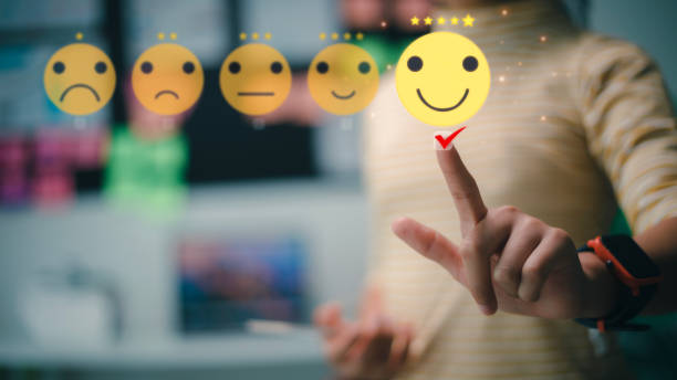 istock Users give ratings to service experience, Customer satisfaction concept. Positive emotion happy smile face five stars and crown, feedback, service, survey, standard quality. certification 1481095210