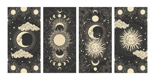 Vector illustration of Astrology and mysticism celestial poster set, sun and moon, mystical tarot cards, flat engraving illustrations, line drawing on black background. Vector magic banner.