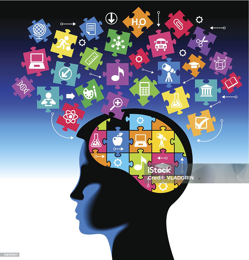 concept of education silhouette of a child head with the brain of the puzzles and education icons.. the concept of education of children. the generation of knowledge Recreational Pursuit stock vector