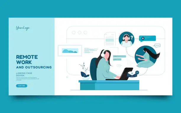Vector illustration of Online video call banner, virtual conference with team of remote workers