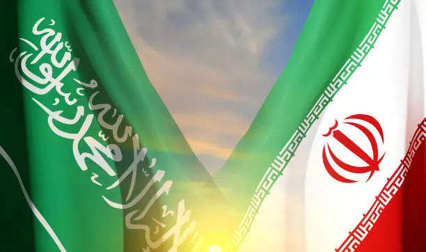 Vector illustration of Iran and Saudi Arabia Flags against the sunset