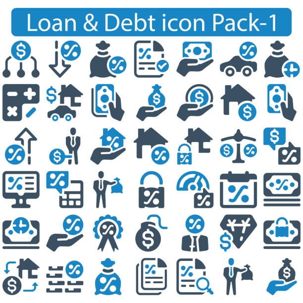 ilustraciones, imágenes clip art, dibujos animados e iconos de stock de ilustración vectorial del conjunto de iconos de préstamos y deudas 1 - time savings currency pig