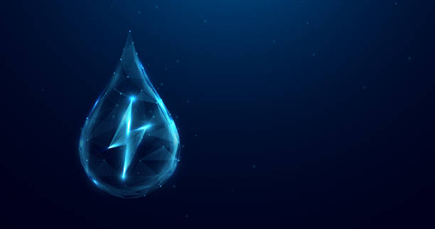 Lightning Sign with water drop. Green energy. Hydroelectric power energy. Sustainable ecological energy. Low polygons, triangles, wireframe, and particle style. Vector illustration Lightning Sign with water drop. Green energy. Hydroelectric power energy. Sustainable ecological energy. Low polygons, triangles, wireframe, and particle style. Vector illustration liquid battery stock illustrations