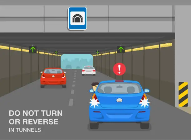 Vector illustration of Safe driving tips and rules. Tunnel restrictions. Car is backing-up in high-speed tunnel. Do not turn or reverse in tunnels.