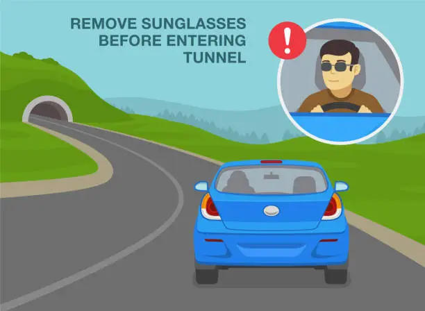 Vector illustration of Safe driving tips and rules. Tunnel restrictions. Remove sunglasses before entering tunnel. Car driving into mountain road tunnel.