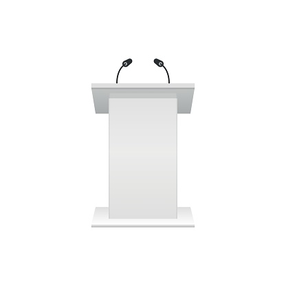 Speaker icon in flat style. Conference podium vector illustration on isolated background. Public speech sign business concept.