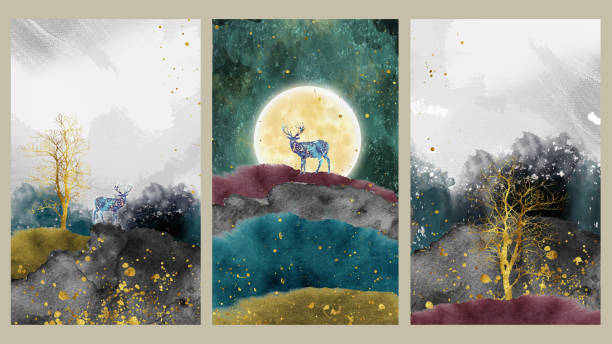 istock 3d frames for home wall decoration. Marbled deer, golden trees with clouds, golden moon and colorful mountains in light landscape gray background 1481102174