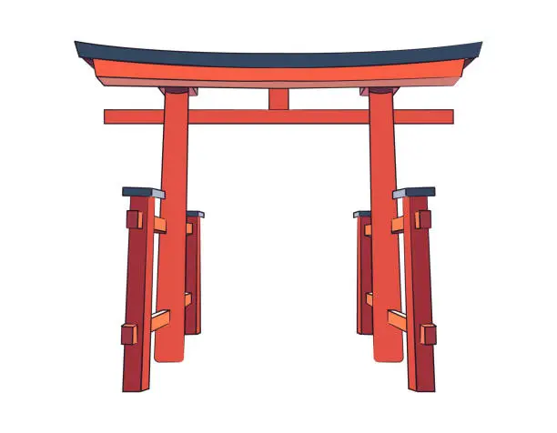 Vector illustration of Japanese red gate of Torii Shrine. Ancient architecture of Japan. Color image. Isolated object on a white background.