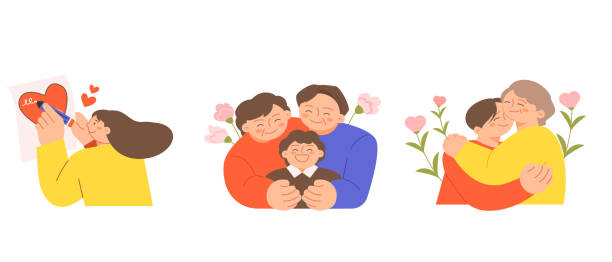 illustrations, cliparts, dessins animés et icônes de mois de la famille. des gens qui apprécient leurs parents et aiment leurs enfants. lettre de remerciement, famille heureuse de trois personnes, câlins. - love women little boys affectionate