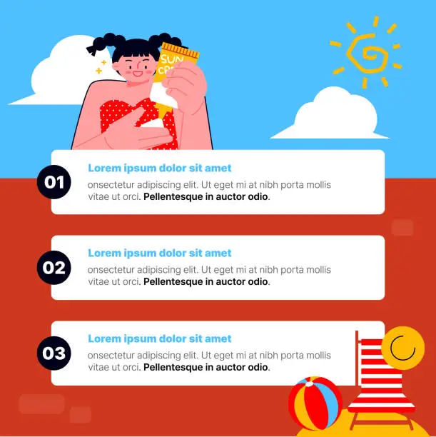 Vector illustration of People enjoying summer. Beach, sunscreen and sunbeds. Summer vacation event marketing banner template.