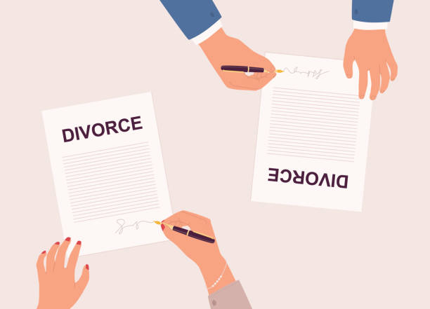 ilustraciones, imágenes clip art, dibujos animados e iconos de stock de mano masculina y femenina con bolígrafo firmando papeles para un decreto de divorcio. - divorcio
