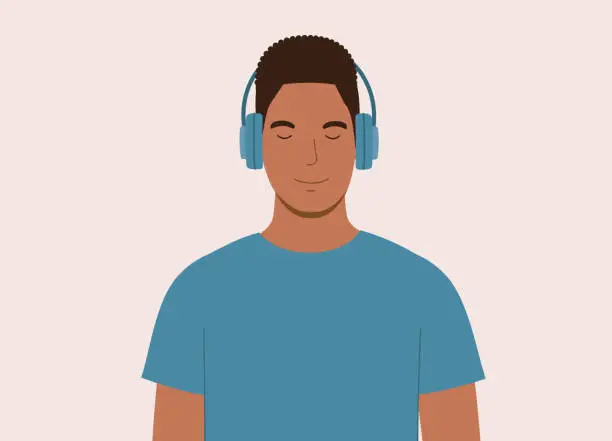 Vector illustration of Smiling Black Young Man Enjoying His Music.