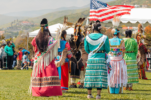 Malibu, California, USA - April 2, 2023. Powwow. Native Americans dressed in full Regalia. Close-up details of Regalia. Chumash Day Powwow in Malibu, California
