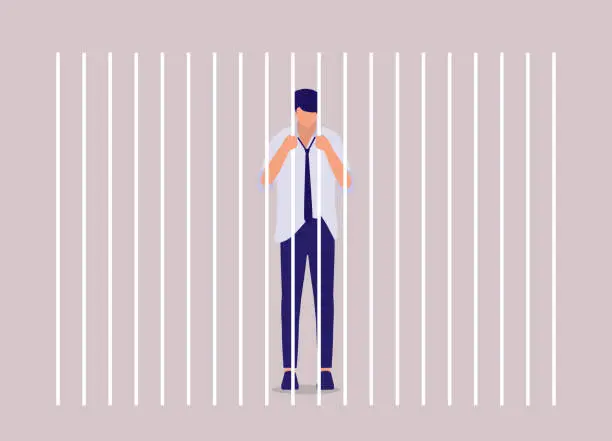 Vector illustration of Sad Businessman Standing Inside Prison Cage.