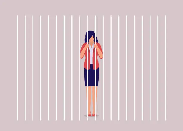 Vector illustration of Sad Businesswoman Standing Inside Prison Jail.