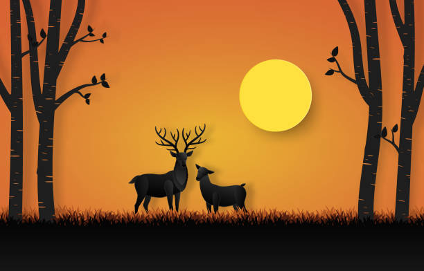 istock Beautiful horned deer in the forest with family surrounded by trees on sunset background. Vector paper art in black dark and orange tone. Quiet, warm, euphoric and happy animal life. 1481108510