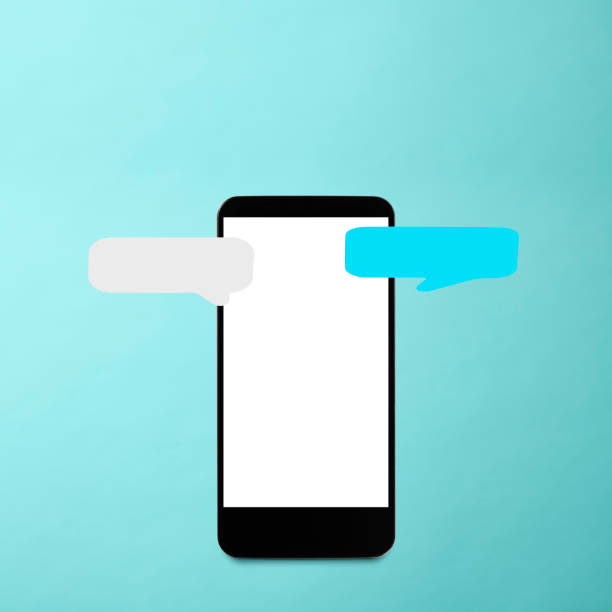 istock Blank smartphone with online chat bubble on light blue background 1481109710