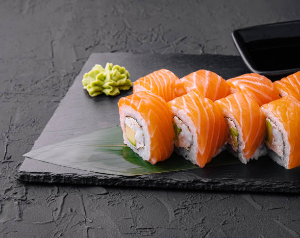 istock Sushi roll philadelphia with salmon on black board 1481110409