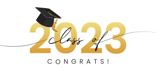 2023년 클래스, 단어 글자 스크립트 배너. 학업 모자가있는 졸업 글자를 축하합니다. 디자인 파티 고등학교 또는 대학, 대학원 초대장에 대 한 템플릿입니다. - graduation stock illustrations