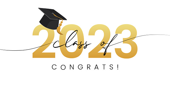 Class of 2023, word lettering script banner. Congrats Graduation lettering with academic cap. Template for design party high school or college, graduate invitations.