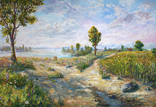 Summer acrylic painting landscape, impressionism