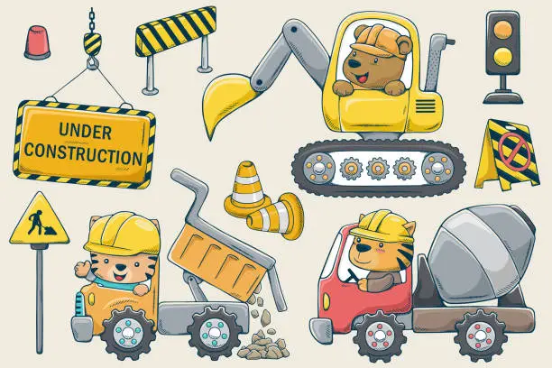 Vector illustration of Vector illustration of hand drawn construction elements cartoon with funny animals driver