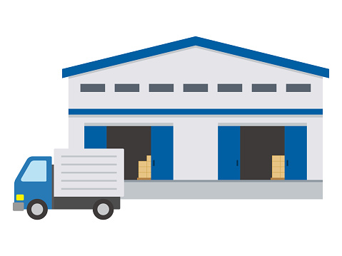 Simple vector illustration of warehouse and delivery car