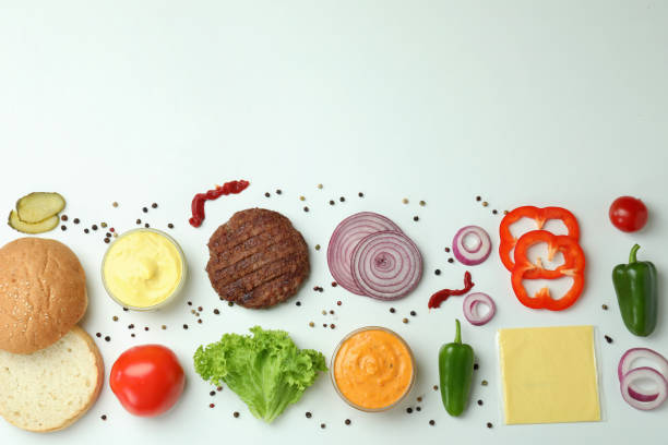 istock Concept of cooking burger on white background, top view 1481114446