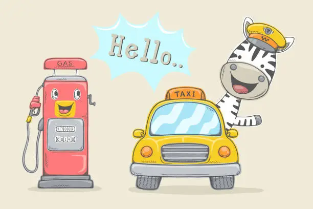 Vector illustration of Vector illustration in hand drawn concept, cartoon zebra driving taxi with smiling gas pump
