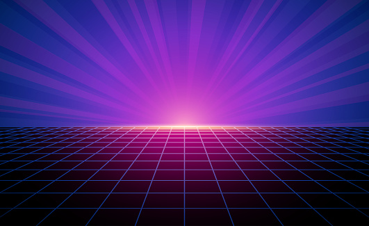 Bright neon pink, purple and blue colored bright vaporwave synthwave style vector background illustration