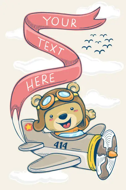 Vector illustration of Vector illustration in hand drawn concept, cartoon teddy bear on vintage airplane pulling banner