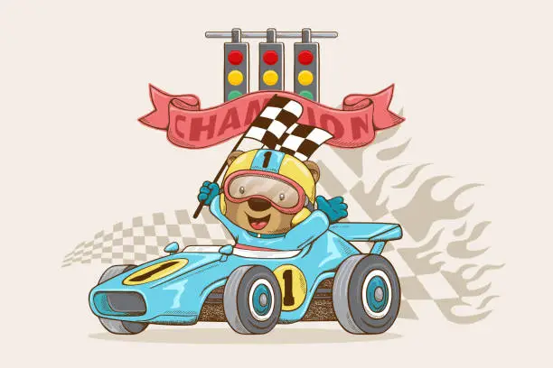 Vector illustration of Vector illustration in hand drawn style, cute bear in racer costume on racing car holding finish flag, race car elements