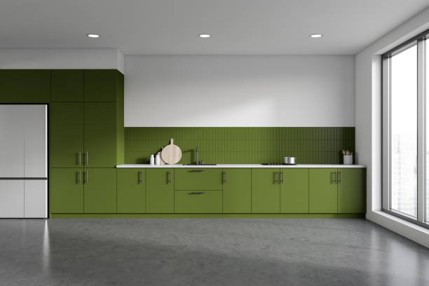 istock Green kitchen interior with cooking space, sink and stove and panoramic window 1481115667