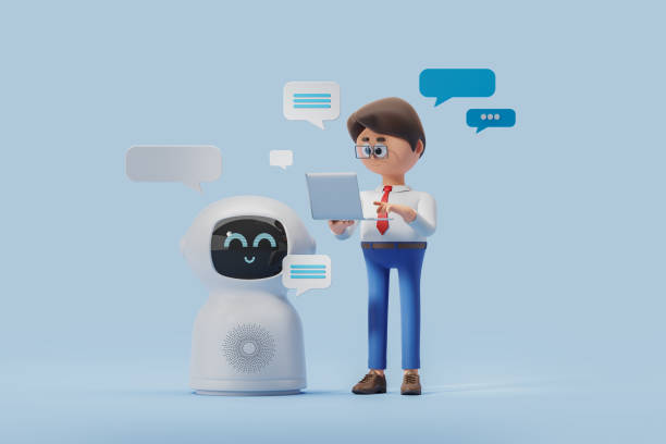 istock 3d rendering. Cartoon man with laptop asking robot for information 1481115798