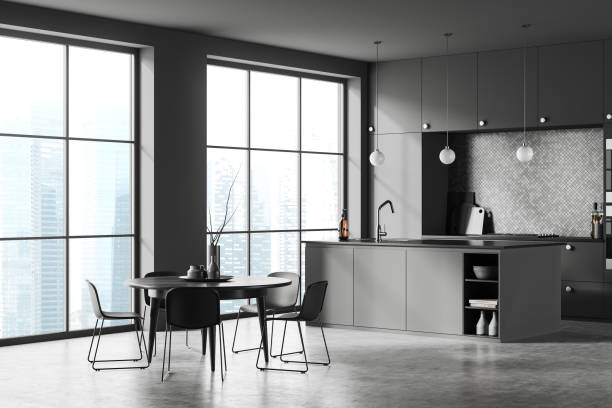 istock Grey kitchen interior with dining and cooking zone with bar island, window 1481116954