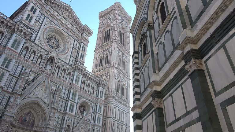 Florence, Italy, seen from below. Details of the cathedral and Giotto's bell tower. View of the Basilica of Santa Maria del Fiore. 4K footage