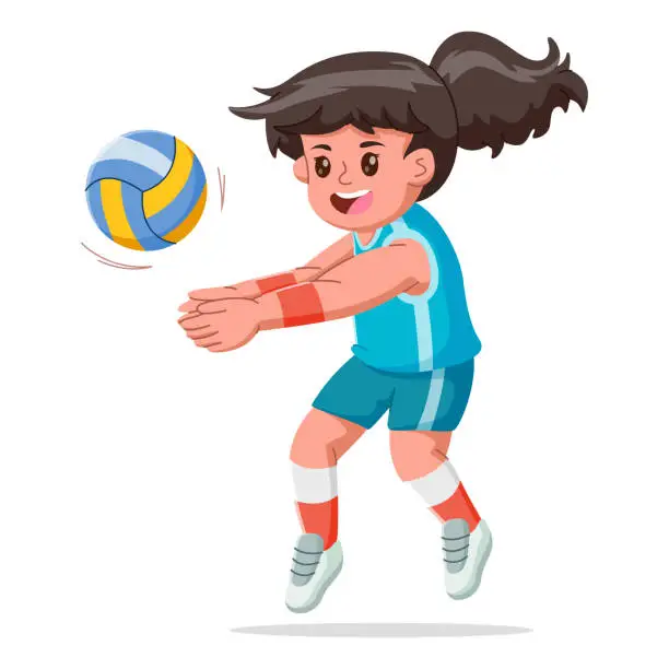 Vector illustration of Happy cute kid girl playing volleyball on a white background. Vector Illustration