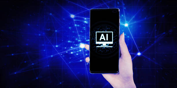 istock Hand holding mobile phone with AI symbol over futuristic abstract 1481119391