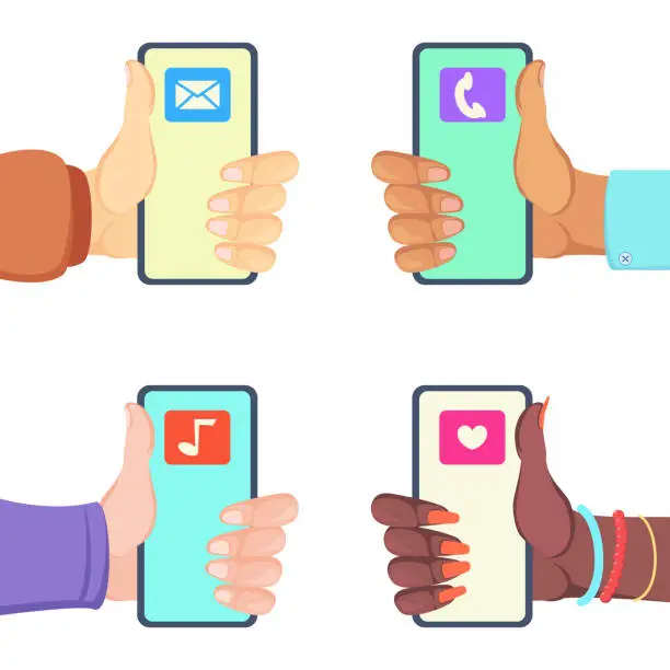 Vector illustration of Hands holding phones with social media vector illustration