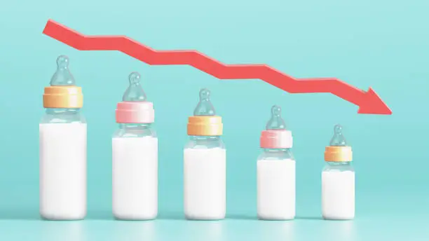 Photo of Fertility decline concept. Depopulation, demographic crisis. Baby bottles in the form of graph and down arrow. 3d illustration.