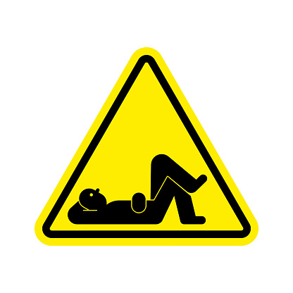 Attention Man rest. Yellow road triangular Caution Guy lies relax sign.