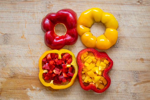 Red and yellow peppers background