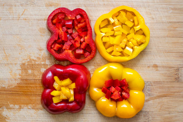 Red and yellow peppers background