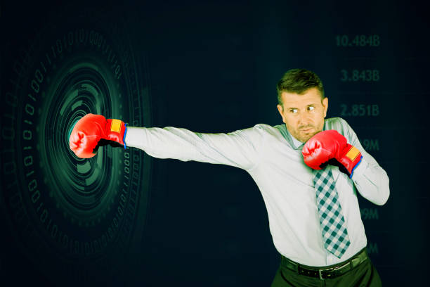 istock Business man boxing simulation overlay with hologram and business data background 1481123976