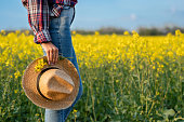 Side view of female farmer standing in blooming oilseed rape field