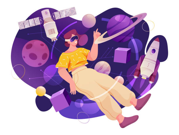 istock Metaverse interaction and virtual reality. User experience, woman in space wearing vr glasses and floating with planets. Vector person from outer space in flat cartoon illustration 1481124207