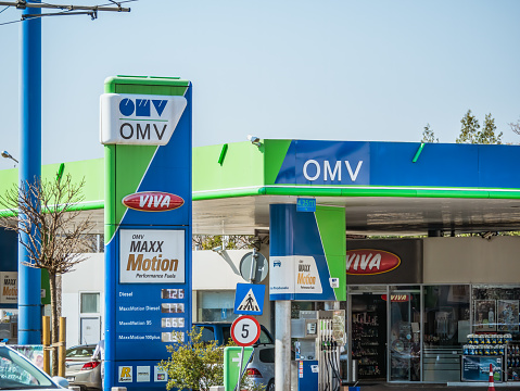 Bucharest, Romania - March 2023: OMV gas station in Bucharest. OMV is a oil and gas company headquartered in Vienna, Austria