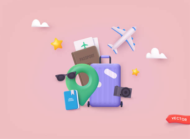 istock Banner with traveling and tourism elements. Colorful touristic objects like backpack, suitcase, map and globe and place for text. Summer holiday background. 3D Web Vector Illustrations. 1481126816