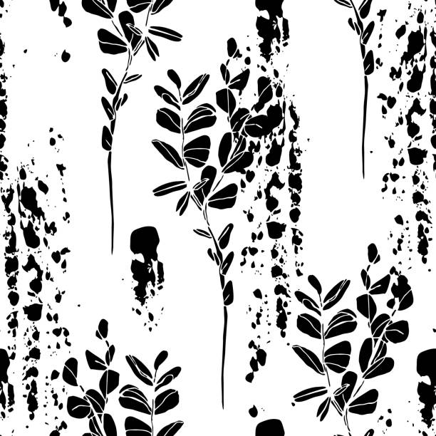 illustrations, cliparts, dessins animés et icônes de coups de pinceau abstraits et silhouettes de brindilles de plantes motif sans couture. - spotted natural pattern herb flower